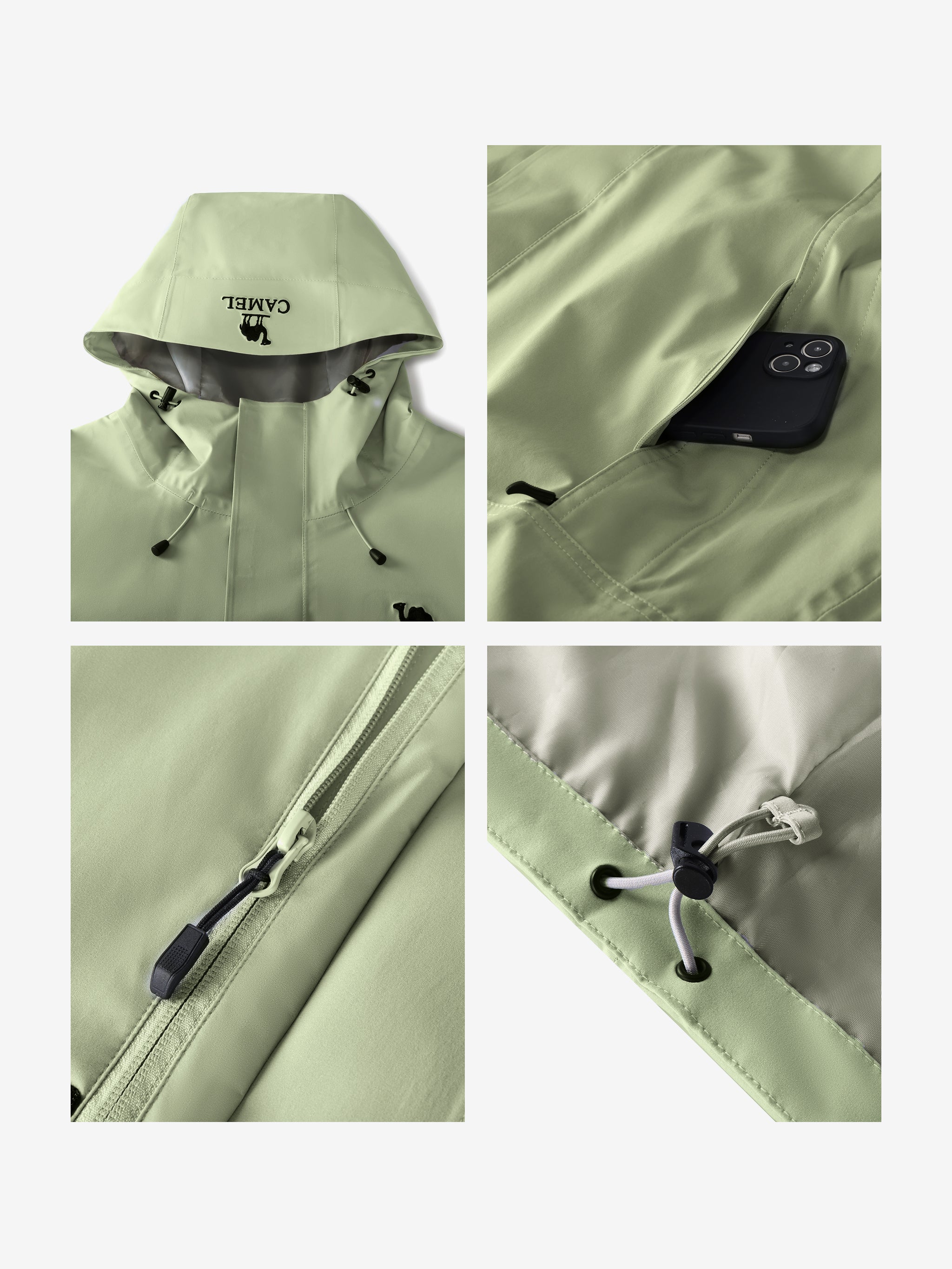 Details of Camel Men’s Interstellar Traverse TOPEAK-TEX® Shell Jacket, adjustable hood, cuffs, hem, and secure zipped pocket