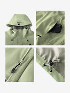 Details of Camel Men’s Interstellar Traverse TOPEAK-TEX® Shell Jacket, adjustable hood, cuffs, hem, and secure zipped pocket