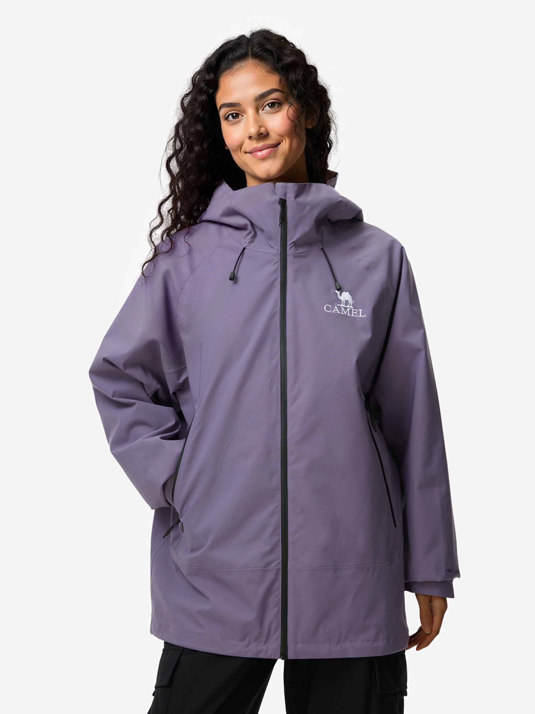 Front view of Camel Interstellar Traverse Shell Jacket,built for rain with breathable fabric and durable outdoor construction