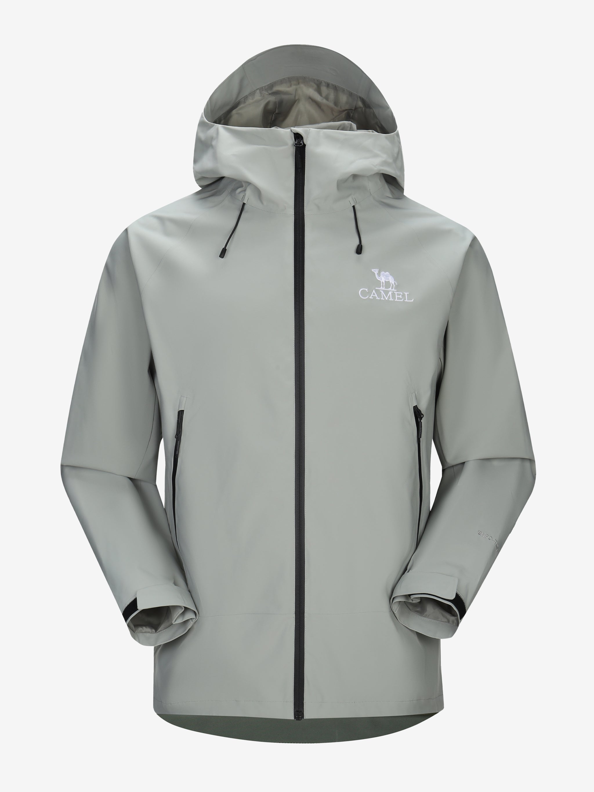 Camel Interstellar Traverse Shell Jacket in gray color, built for rain with breathable fabric and outdoor construction
