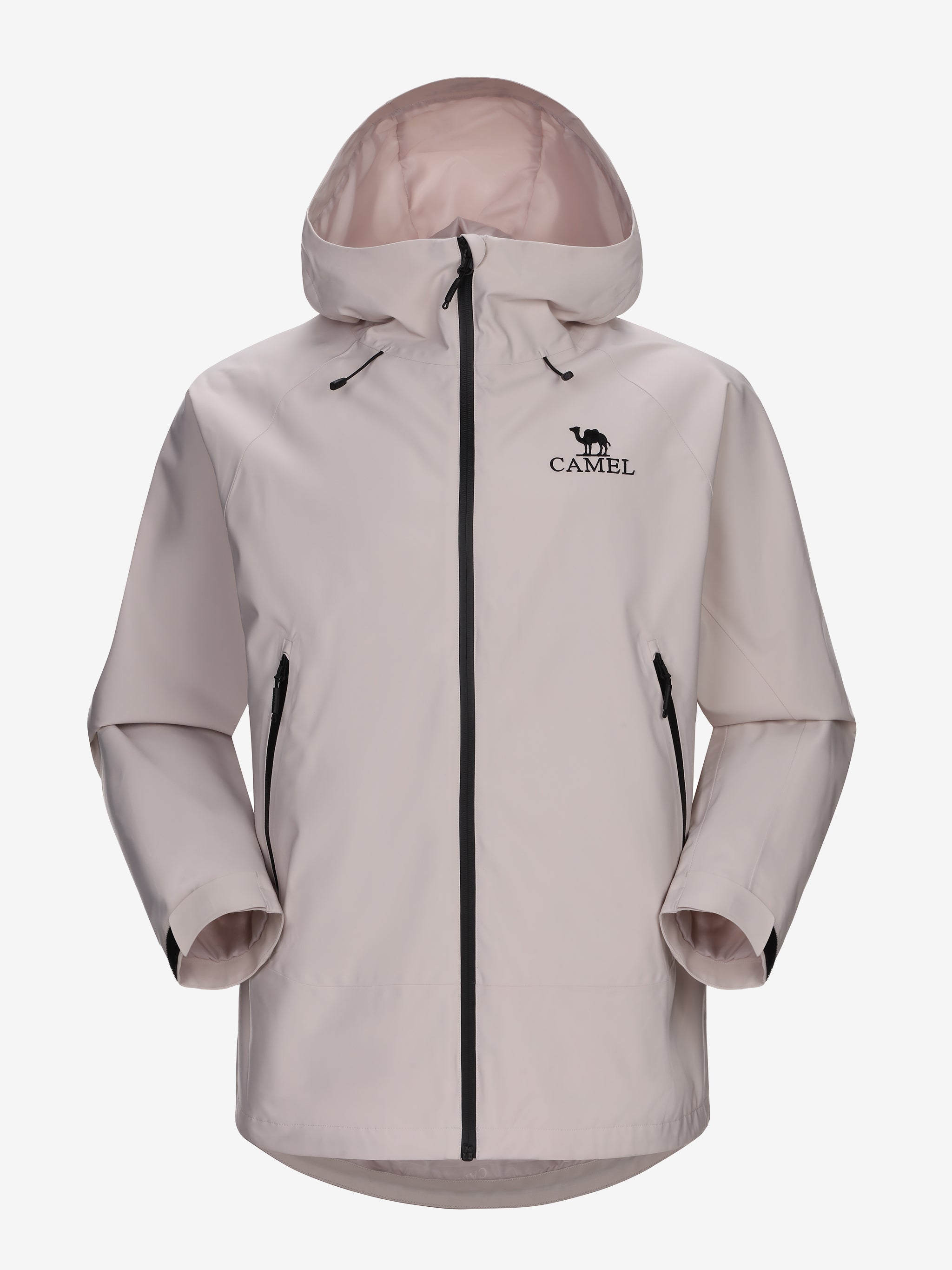 Camel Interstellar Traverse Shell Jacket in ivory color, built for rain with breathable fabric and outdoor construction