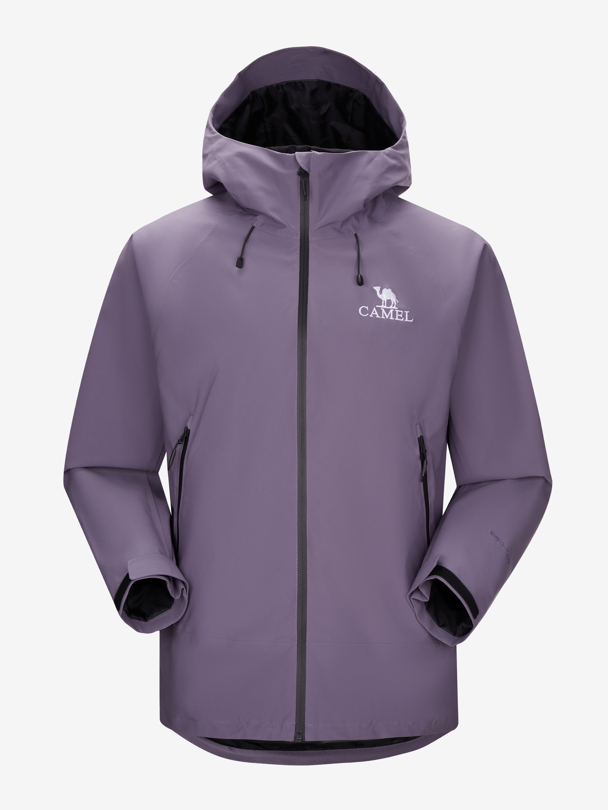 Camel Interstellar Traverse Shell Jacket in purple color, built for rain with breathable fabric and outdoor construction