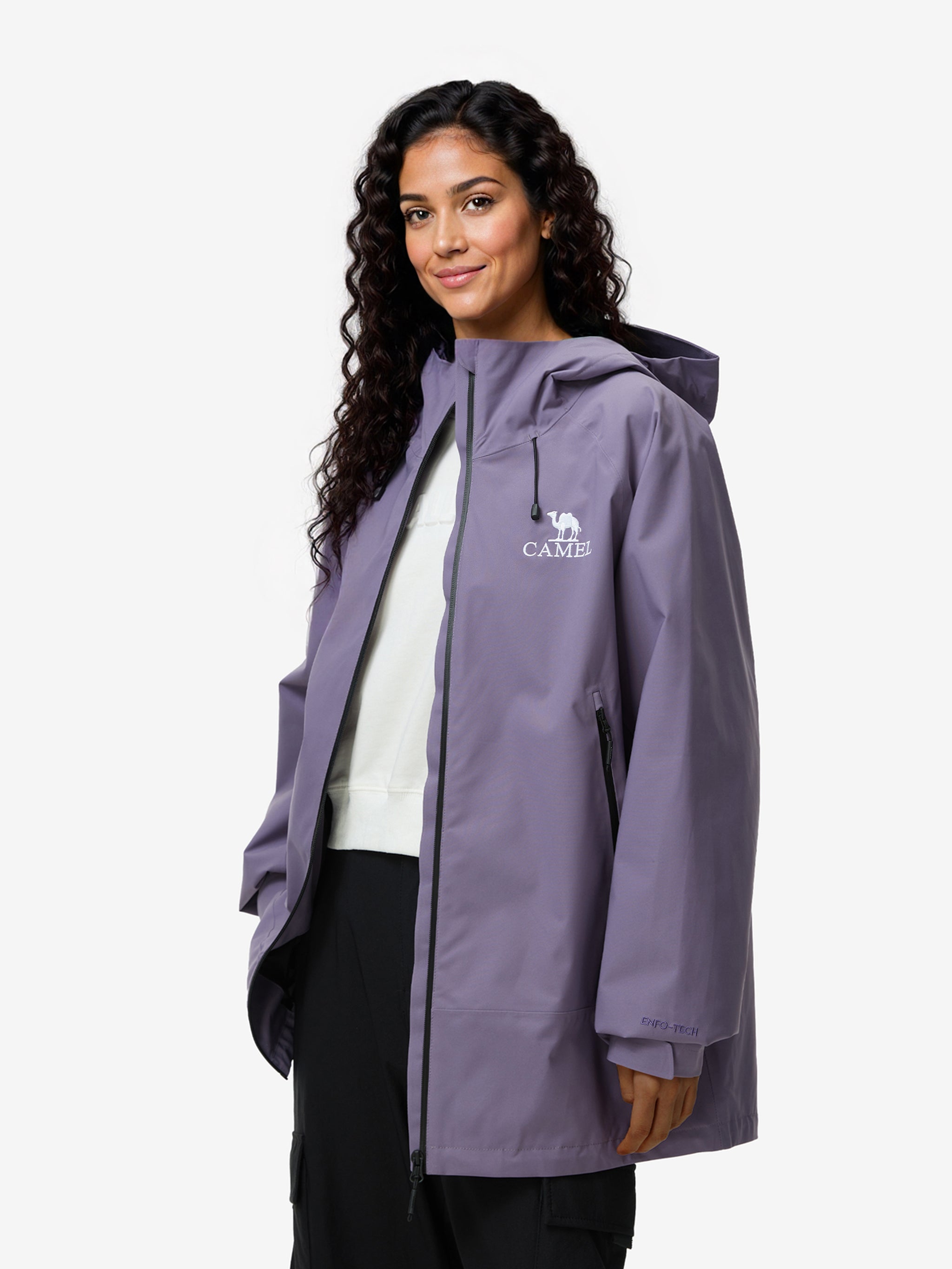 Side view of Camel Interstellar Traverse Shell Jacket,built for rain with breathable fabric and durable outdoor construction