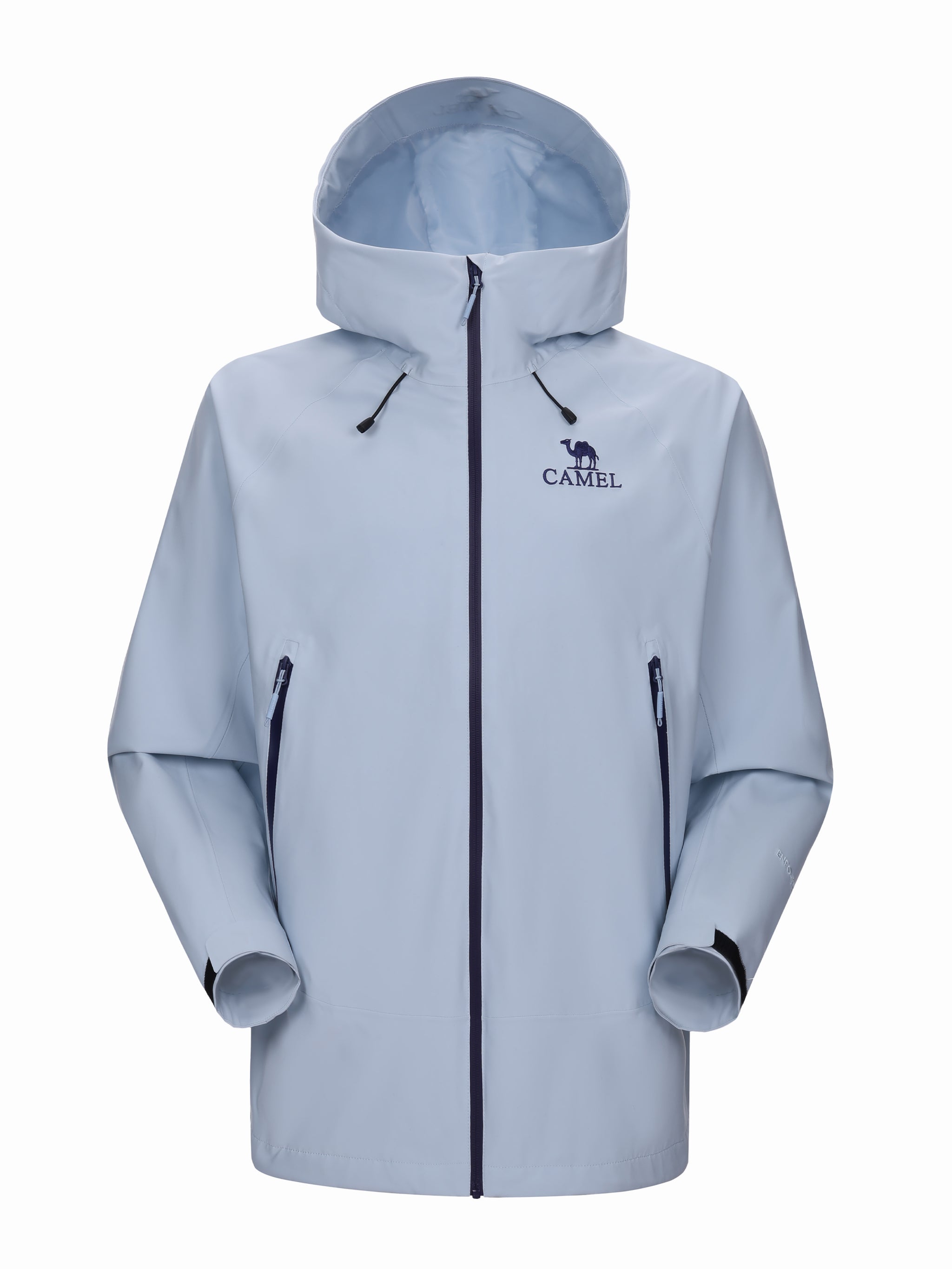 Camel Interstellar Traverse Shell Jacket in sky blue color, built for rain with breathable fabric and outdoor construction