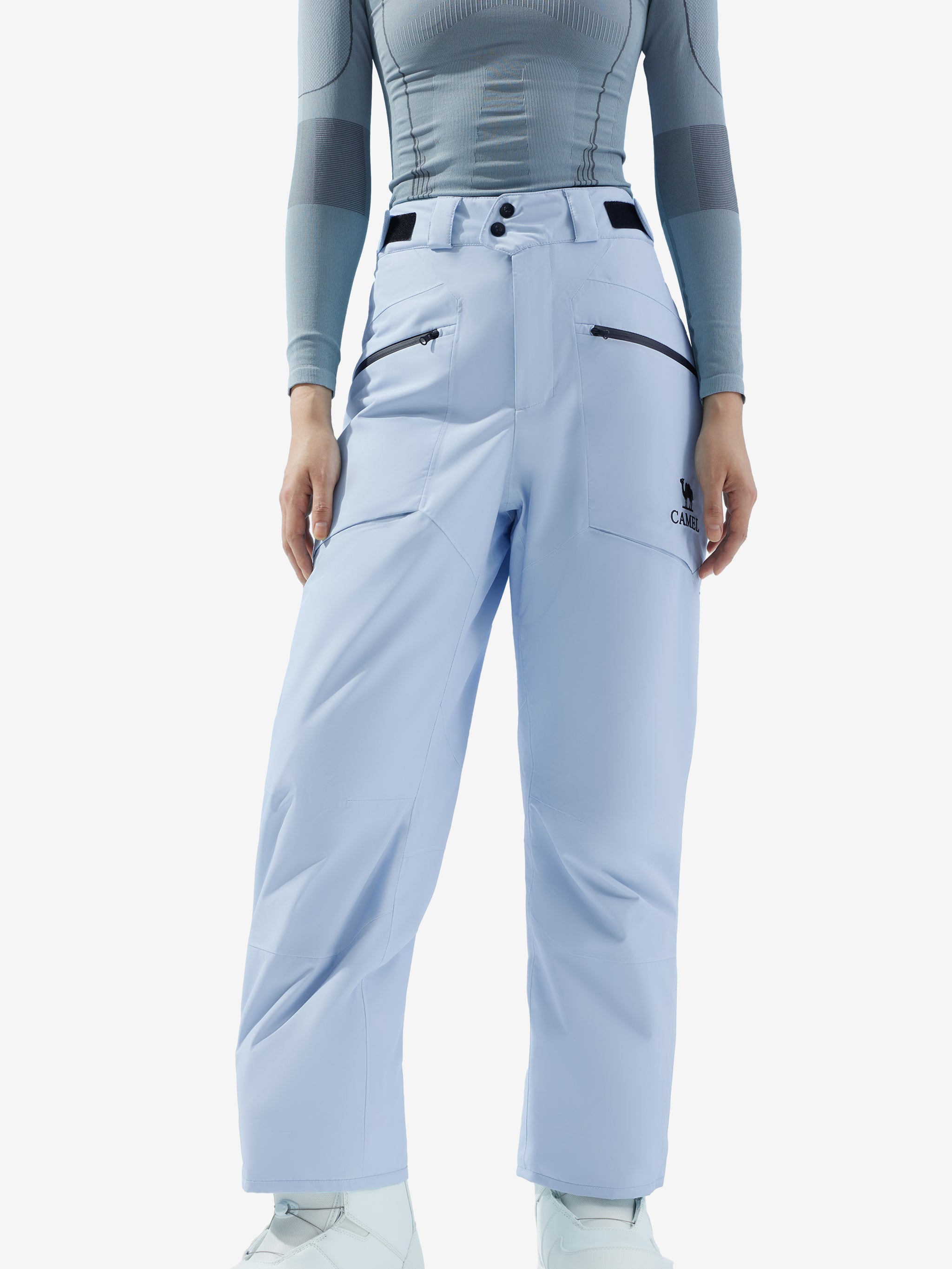 Front view of Camel TPU Snowboard Pants built with TPU membrane, high waterproof rating for snowboarding and winter travel