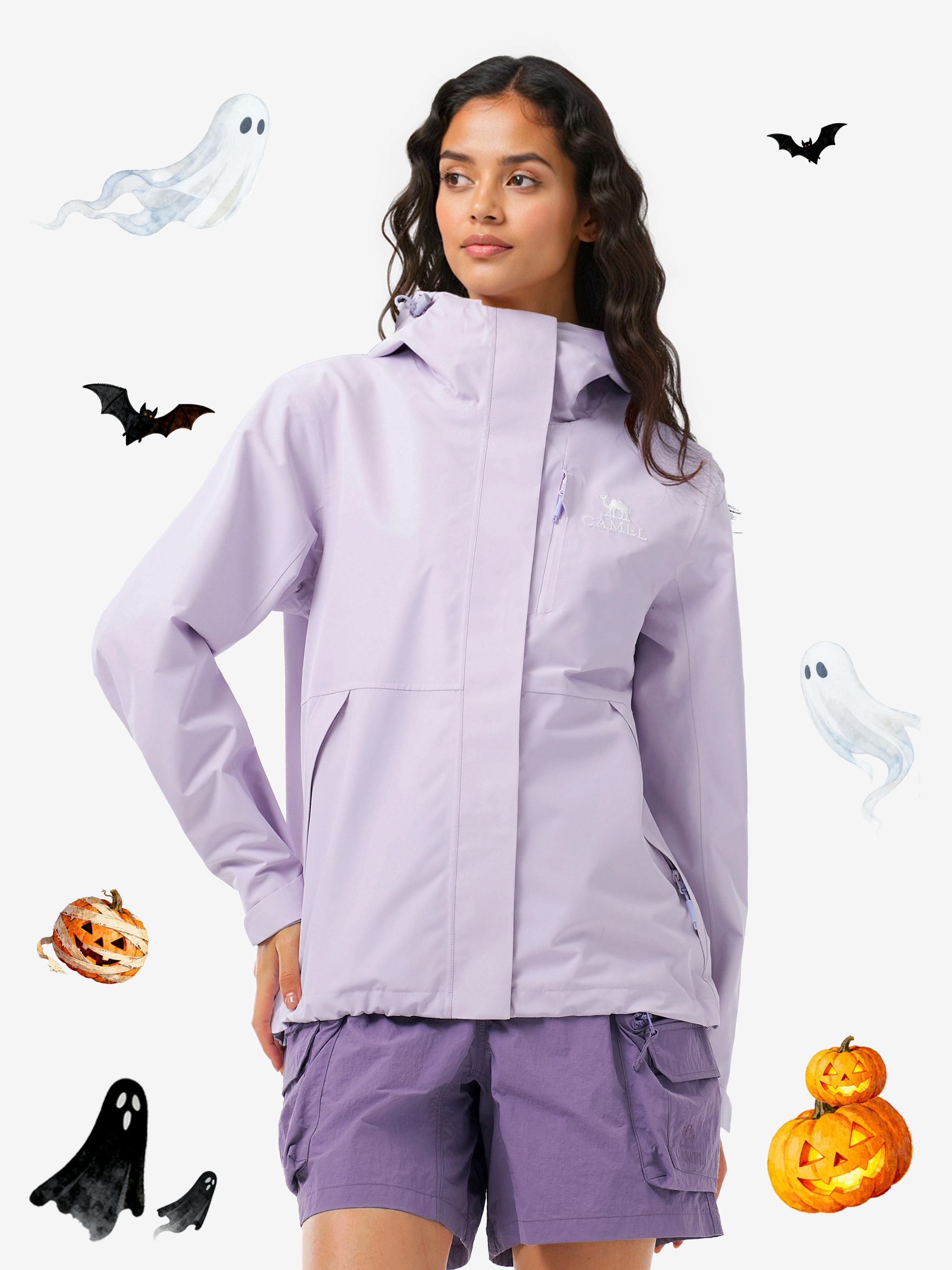 Front view of Camel Women’s Interstellar Lightweight Shell Jacket, highly waterproof, breathable, storm-ready hiking coat