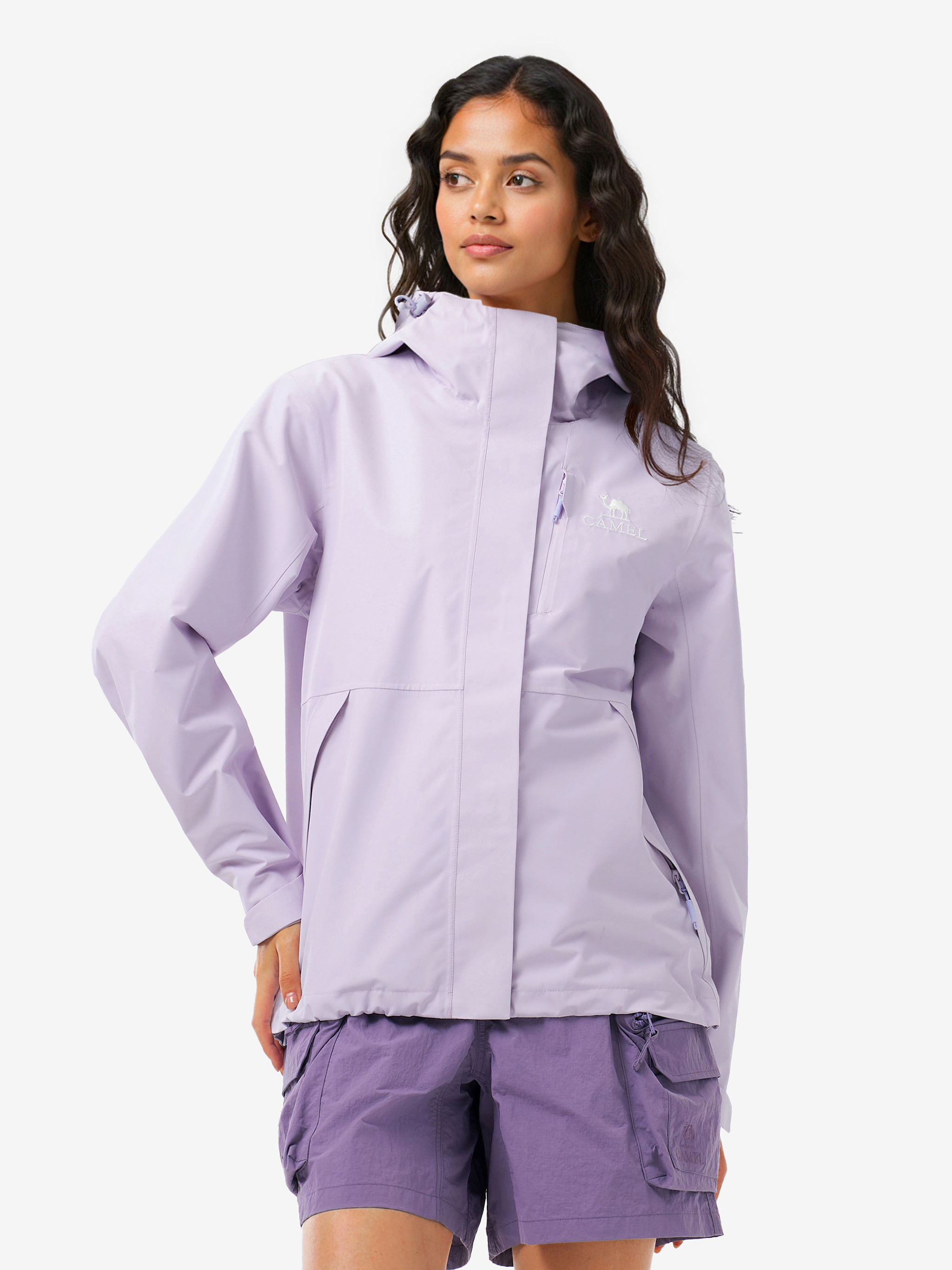 Front view of Camel Women’s Interstellar Lightweight Shell Jacket, highly waterproof, breathable, storm-ready hiking coat