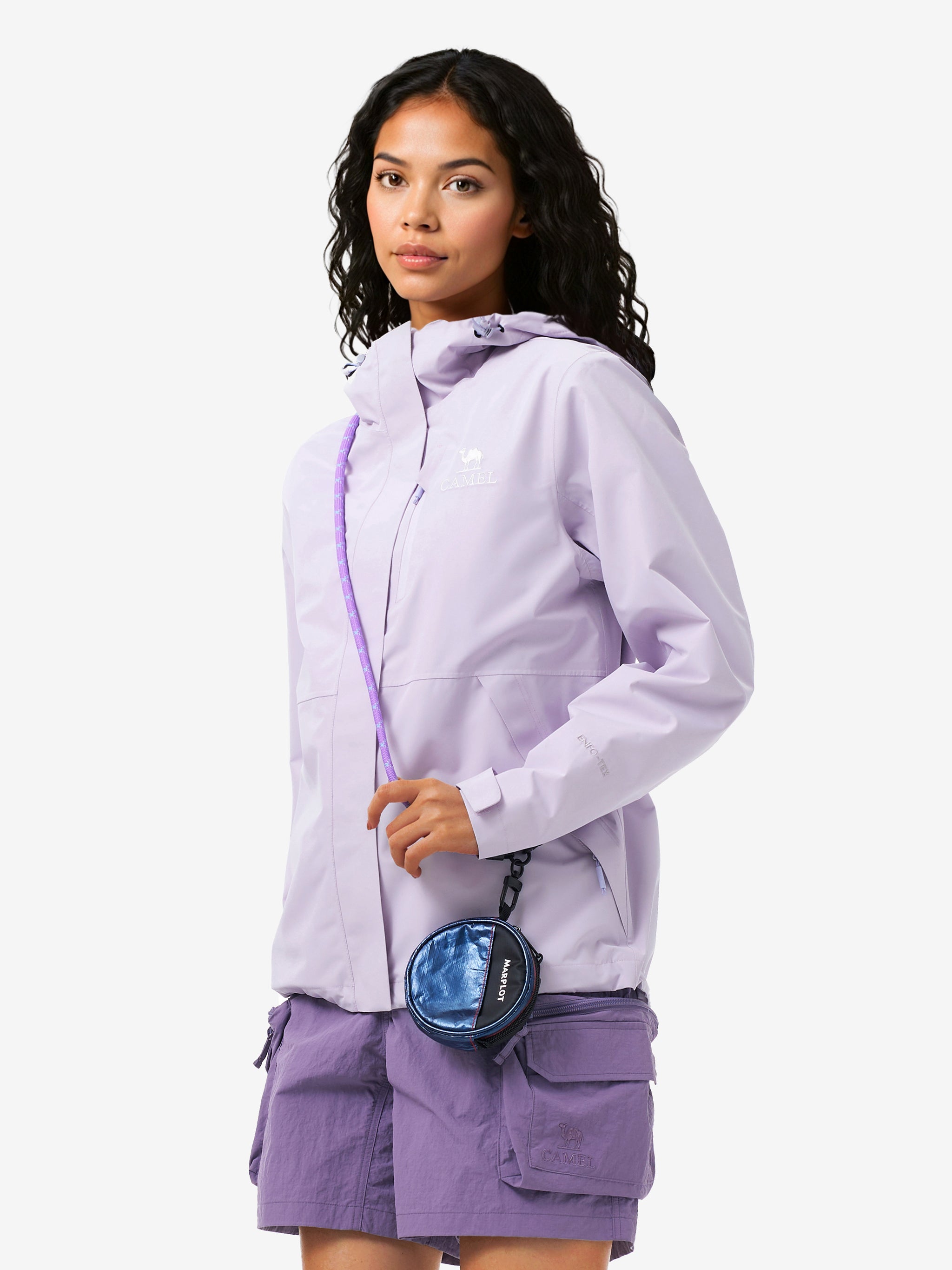 Side view of Camel Women’s Interstellar Lightweight Shell Jacket, highly waterproof, breathable, storm-ready hiking coat