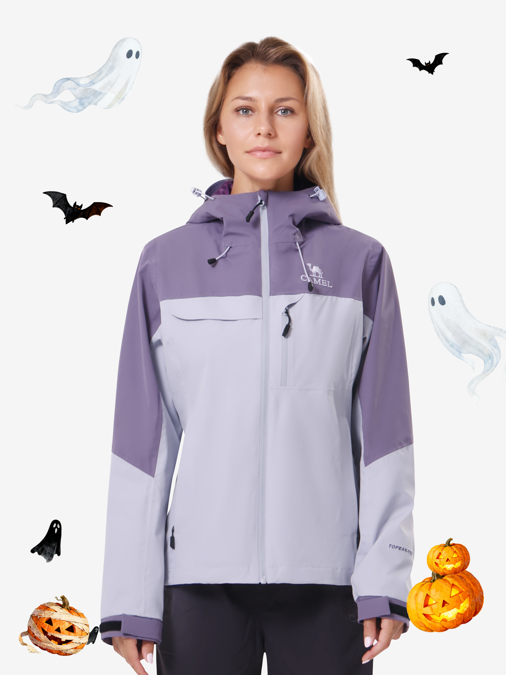 Front view of Camel Women’s Interstellar Traverse TOPEAK-TEX® Shell Jacket, breathable 3-layer waterproof outdoor protection