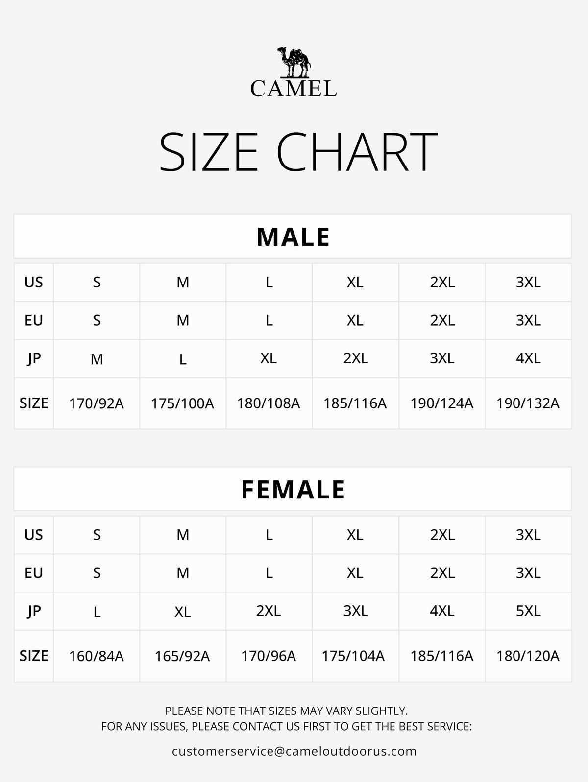 CAMEL US EU and JP size label conversion chart